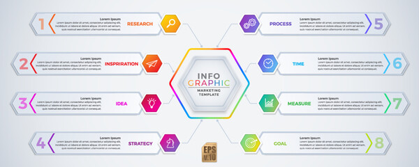 Infographic VECTOR business design hexagon icons colorful template. 8 options or steps isolated minimal style. You can used for Marketing process, workflow presentations layout, flow chart, print ad.