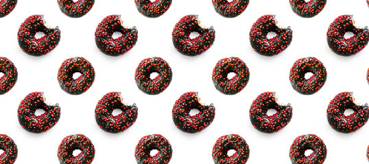 bited donuts with glaze on white background seamless pattern. Food dessert of chocolate doughnuts