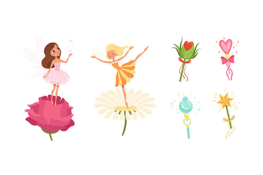 Cute beautiful little winged fairies on flowers and magic wands collection set cartoon vector illustration