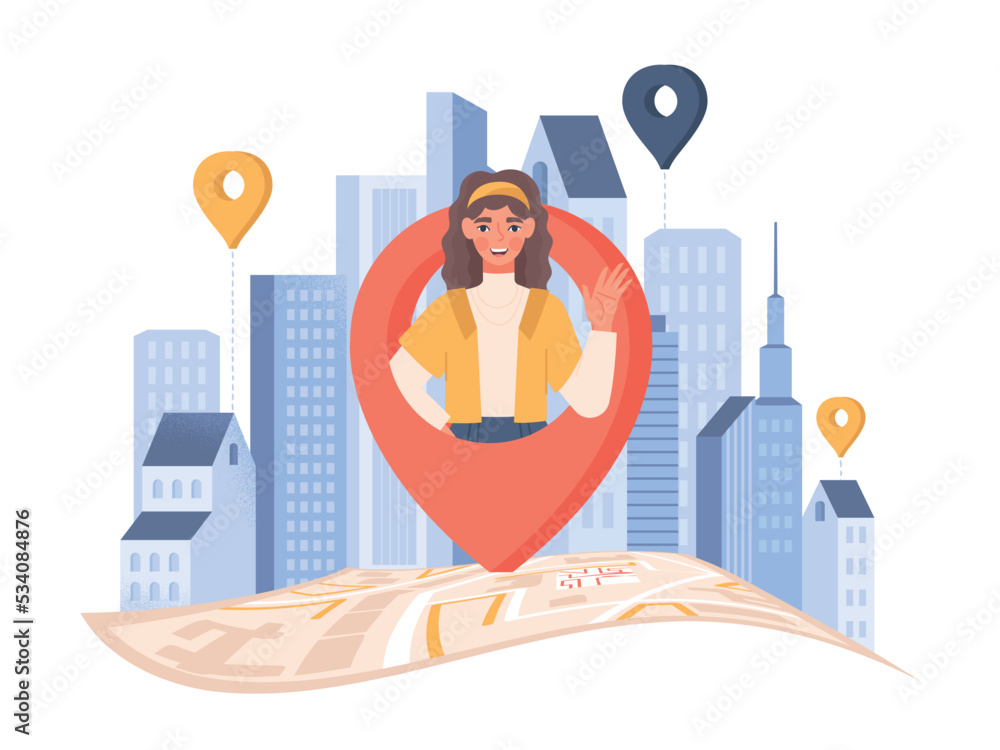 Poster current location concept. portrait of woman marked on map, geolocation and navigation, orientation i