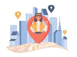 Current location concept. Portrait of woman marked on map, geolocation and navigation, orientation in place. User address and application or program with GPS. Cartoon flat vector illustration