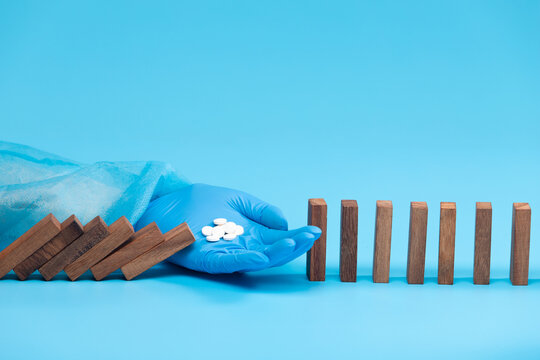 Doctor Gloves Give Medicine Drug Pill Means Stopping Medical Prevention Of Illness Disease Problem. Concept Diagnosis Check Up Health Care Plan, Wooden Domino Fall Effect, Studio Blue Copy Space