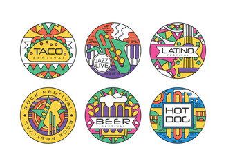 Naklejka premium Taco festival round labels set. Badges with Mexican traditional street food vector illustration