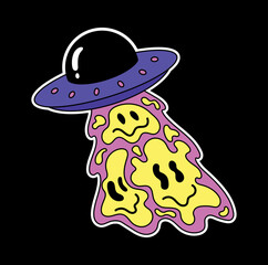 Abstract ufo icon. Aliens steal blurry emoticons and emoji. Positivity and optimism, hallucinations and fantasy. Poster or banner for website, sticker for messenger. Cartoon flat vector illustration