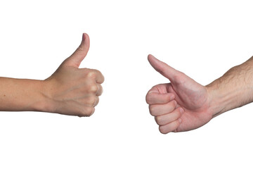 Isolated thumbs up hand gesture between a young man and woman
