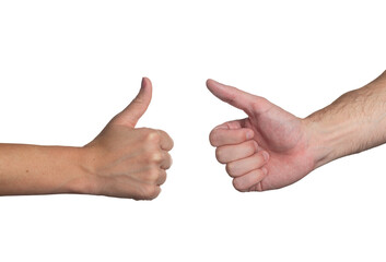 Isolated thumbs up hand gesture between a young man and woman