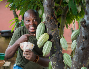 A happy African male farmer, trader, entrepreneur or businessman from Nigeria, pointing to the...