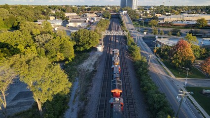 Aerial view of a train on track in Wheaton, Illinois. USA