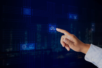 Internet network concept with hand pointing icon on technology screen. Hand touching circuit network idea design social media dark blue background.