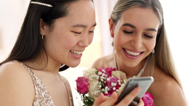 Wedding, phone and women on social media app reading notification, chat app and happy with digital gallery. Asian girl or bride friends on internet with smartphone to scroll and review online post