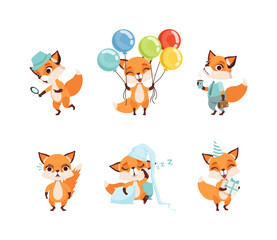 Cute fox cub in different activities set. Lovely baby animal following the trail, holding colorful balloons, drinking coffee, sleeping cartoon vector illustration