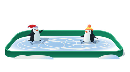 Penguins sit on ice. Characters skating, active lifestyle and leisure. Fairy tale and imagination. Winter holidays and traditions. Poster or banner for website. Cartoon flat vector illustration