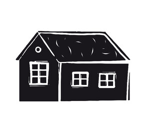 Woodcut house icon. Building and rural architecture. Countryside, village, farm and agriculture. Poster or banner for website, graphic element for printing on fabric. Cartoon flat vector illustration