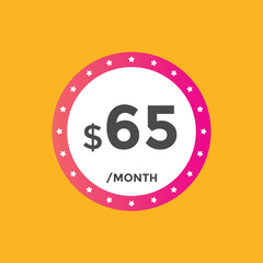 65 dollar price tag. 65$ dollar USD price symbol. price 65 Dollar sale banner in USD. Business or shopping promotion marketing concept
