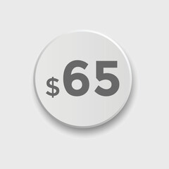 65 dollar price tag. Price $65 USD dollar only Sticker sale promotion Design. shop now button for Business or shopping promotion
