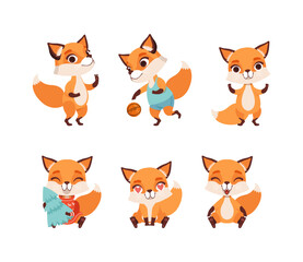 Cute fox cub in different everyday activities set cartoon vector illustration