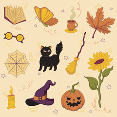 Elementos de Halloween. Colección Vintage de otoño, Librería café. Elementos de brujas hechicería.