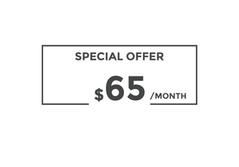 $65 USD Dollar Month sale promotion Banner. Special offer, 65 dollar month price tag, shop now button. Business or shopping promotion marketing concept
