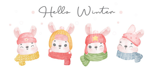 cute winter rabbit watercolour illustration vector hand drawing