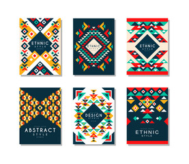 Ethnic abstract style card templates set. Colorful geometric banner, brochure, poster, cover, flyer design cartoon vector illustration