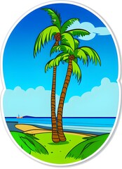 Fototapeta na wymiar A detailed and colourful illustration of island with palm trees. Image can be used for lable design, book cover, cards, T-shirts and all your projects. 