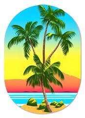 A detailed and colourful illustration of island with palm trees. Image can be used for lable design, book cover, cards, T-shirts and all your projects. 