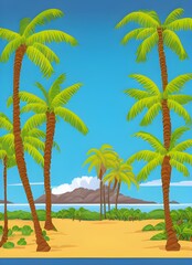 A detailed and colourful illustration of island with palm trees. Image can be used for lable design, book cover, cards, T-shirts and all your projects. 