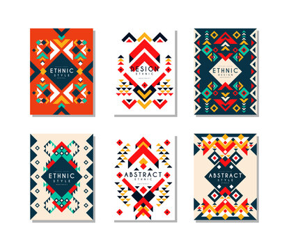 Ethnic style card templates set. Bright abstract banner, brochure, poster, cover, flyer design cartoon vector illustration