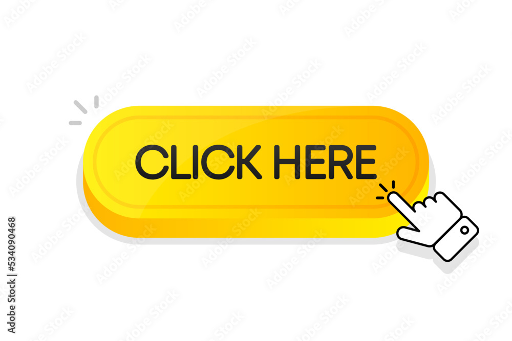 Aufkleber click here 3d button. mouse touched button. vector illustration.