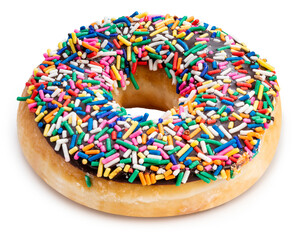 Sweet glazed donuts with sprinkles on a white background, Delicious colorful donuts isolated on white background With clipping path.