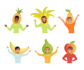 People in fruit headdresses set. Men and women wearing pineapple, pear, avatar, banana, apple costumes cartoon vector illustration