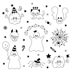 Vector set of cute doodle halloween design elements:pumpkin,ghost,cat,bat,spiderweb,skull.Childish illustration.Outline.Sketch.