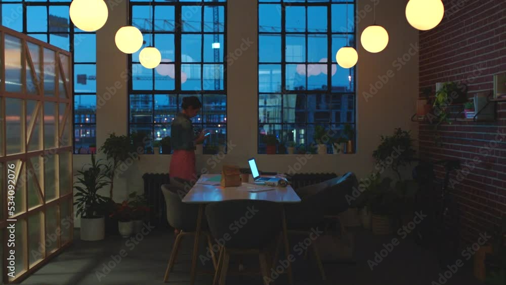 Poster work selfie, night business and woman working on a laptop in office, writing proposal idea in notebo