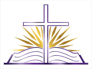 Church logo in purple and gold with open bible, a cross and a sun behind. Cross with golden sun rays behind and an a flat open bible in purple gradient colors