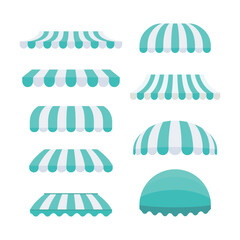 Tosca and white sunshade Outdoor awnings for cafe and shop window vector set isolated - obrazy, fototapety, plakaty