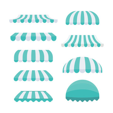 Tosca and white sunshade Outdoor awnings for cafe and shop window vector set isolated