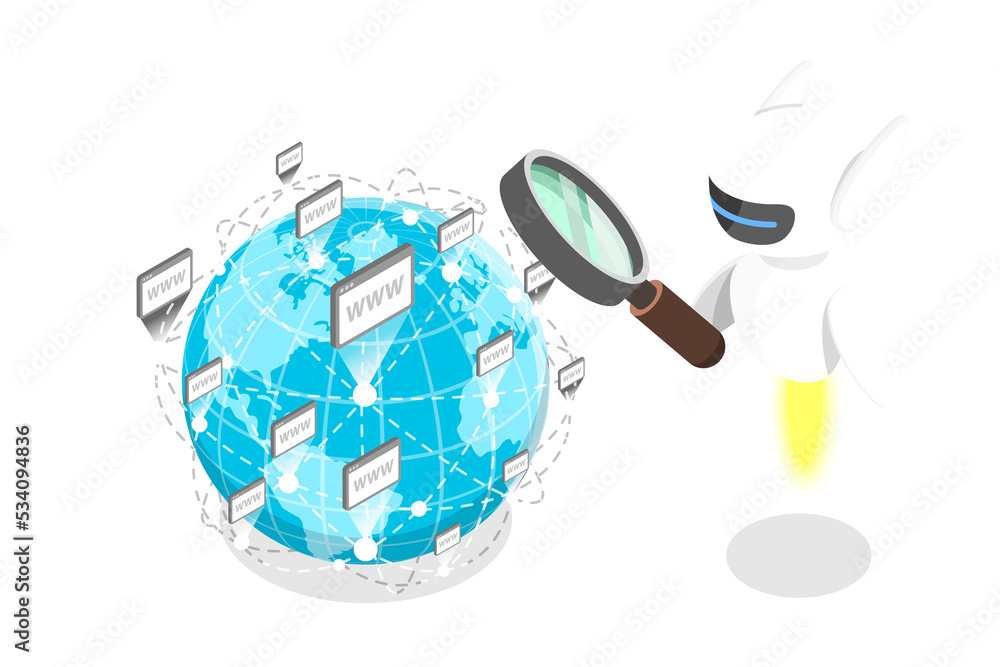 Poster 3d isometric flat concept of search engine crawling bot.