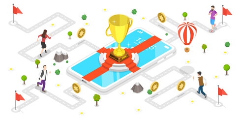 3D Isometric Flat  Concept of Mobile Gaming.