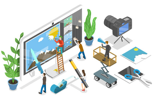 3D Isometric Flat  Concept of Photo Editing Online Service.