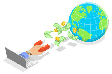 3D Isometric Flat  Conceptual Illustration of Money Attracting.