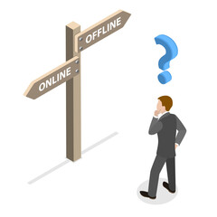 3D Isometric Flat  Conceptual Illustration of Onlin vs Offline.