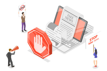 Stop Fake News. 3D Isometric  Conceptual Illustration.