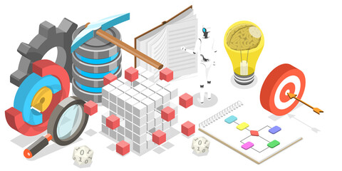 Data Science. 3D Isometric Flat  Conceptual Illustration.