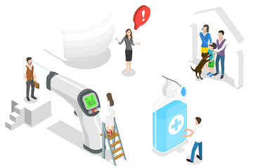 3D Isometric Flat  Conceptual Illustration of Covid 19 Prevention Measures.