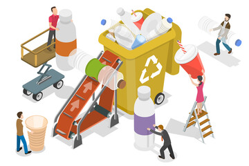 3D Isometric Flat  Conceptual Illustration of Collecting Plastic Trash.