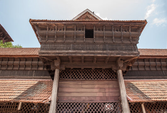 An old wooden building with carved balcony at Thiruvanthapuram in Kerala, India.