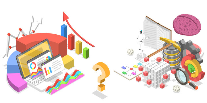 Comparison of Data Analytics and Data Science. 3D Isometric Flat  Illustration.