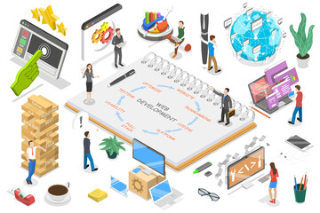 3D Isometric Flat  Conceptual Illustration of Web Development