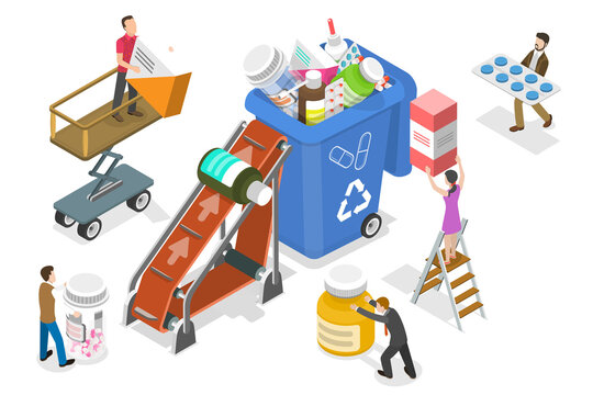 3D Isometric  Conceptual Illustration of Expired and Unused Drugs Disposal.