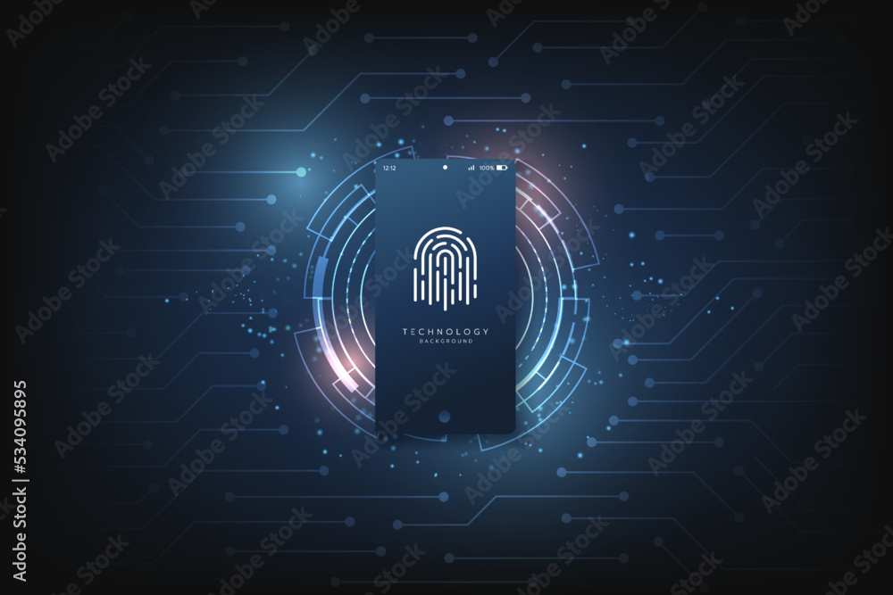 Poster abstract cyber security fingerprint login with phone or mobile and icons concept.digital technology 